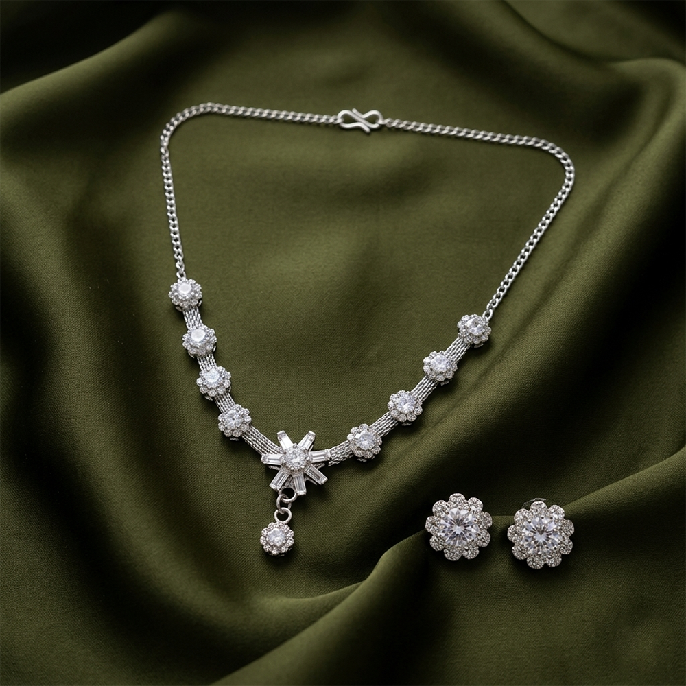 Urthn Silver Plated Sparkling Crystal Stone Necklace Set(Pack of 6)