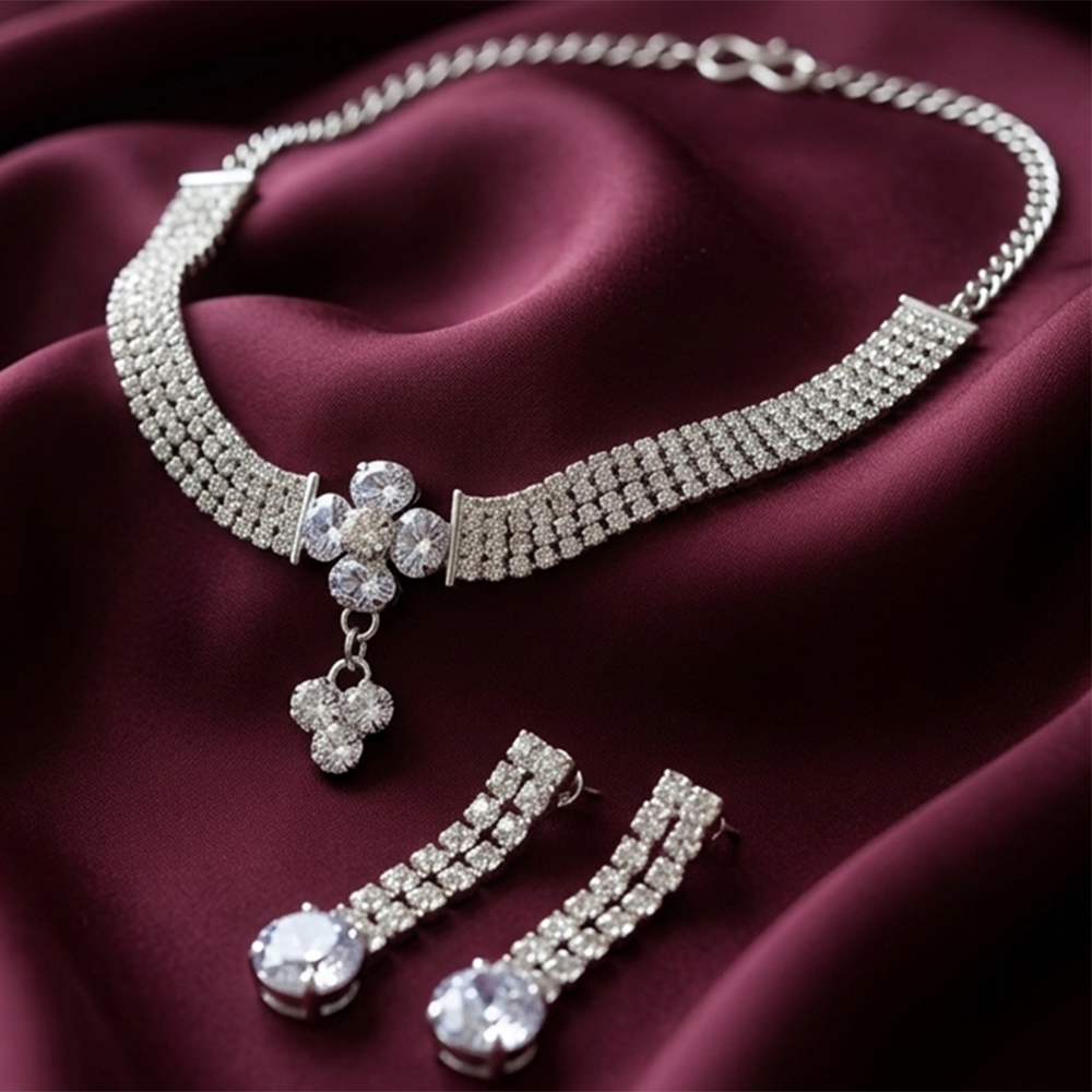 Urthn Silver Plated Sparkling Crystal Stone Necklace Set(Pack of 6)