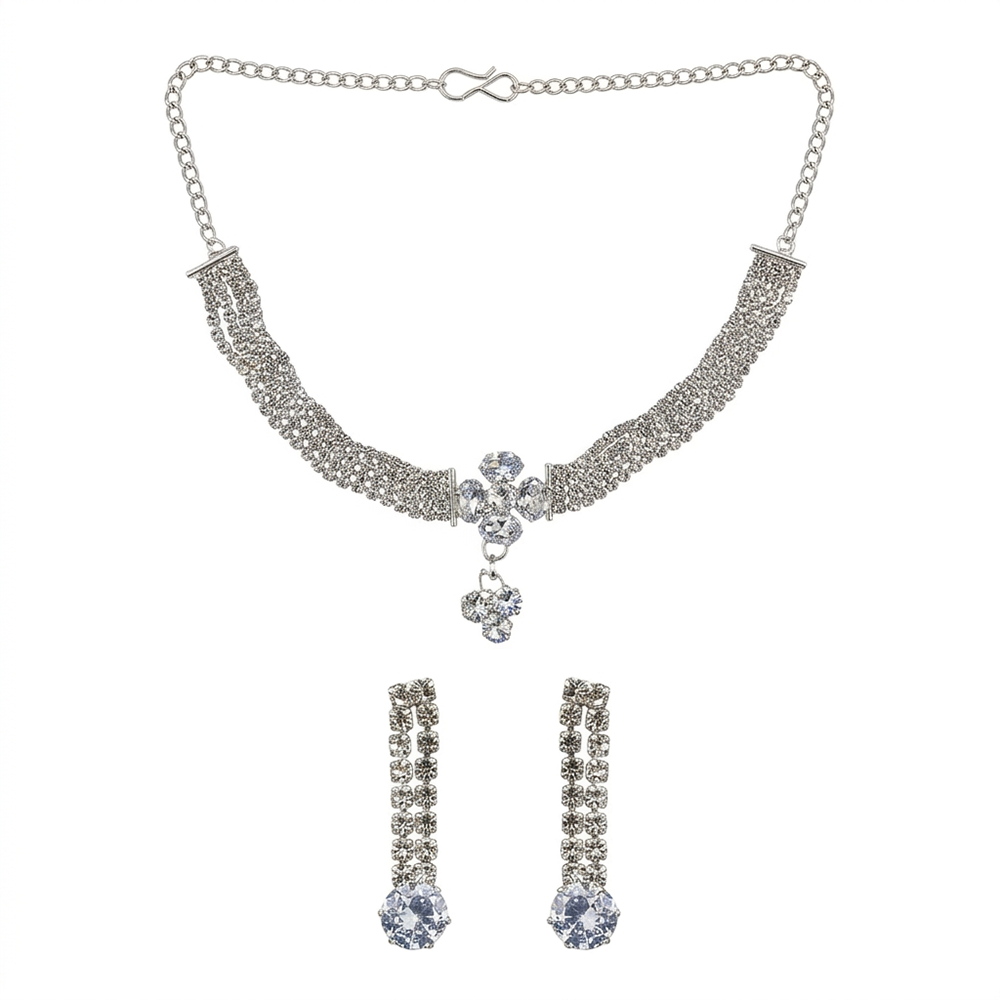 Urthn Silver Plated Sparkling Crystal Stone Necklace Set(Pack of 6)