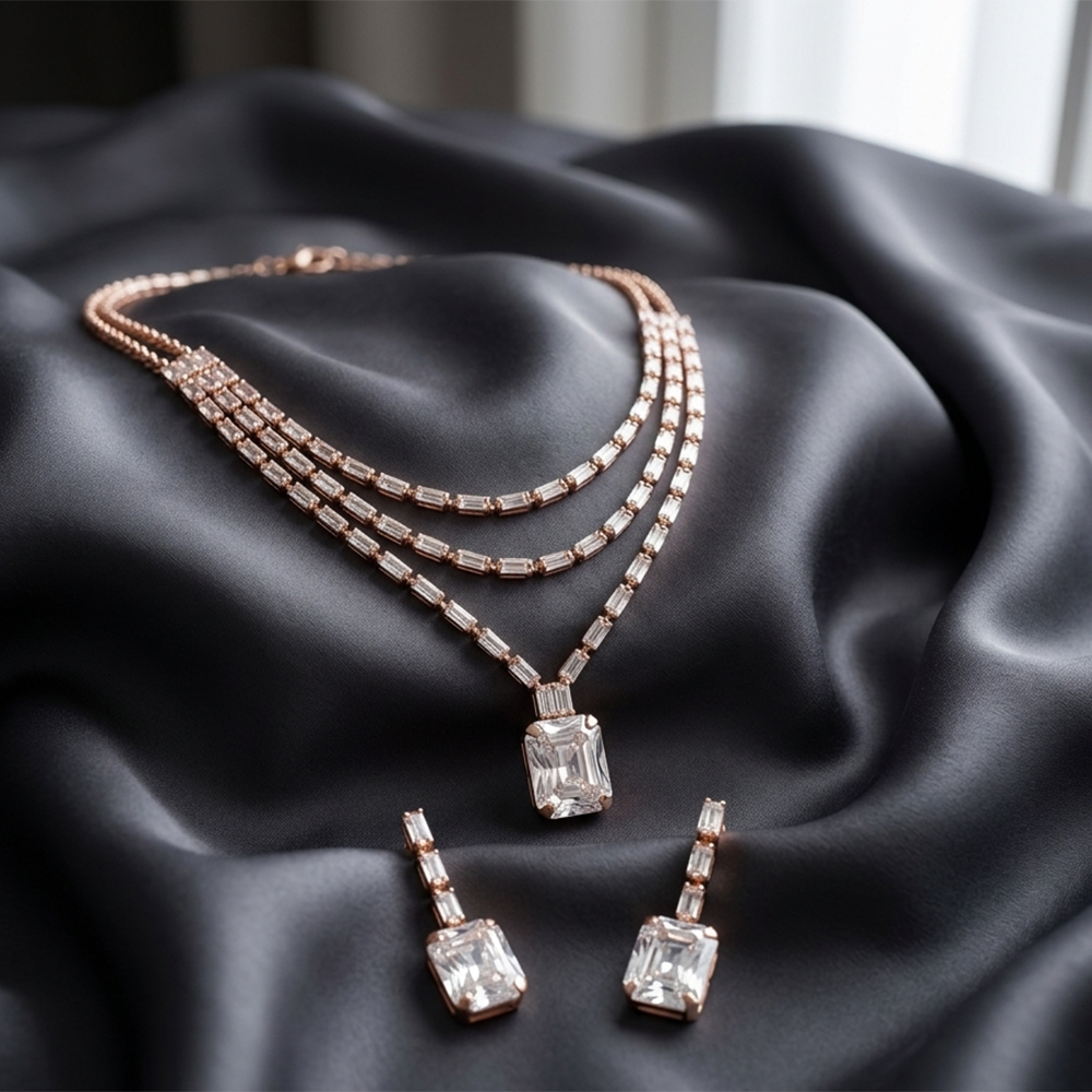 Urthn Elegant Rose Gold Plated Crystal Stone Necklace Set(Pack of 3)