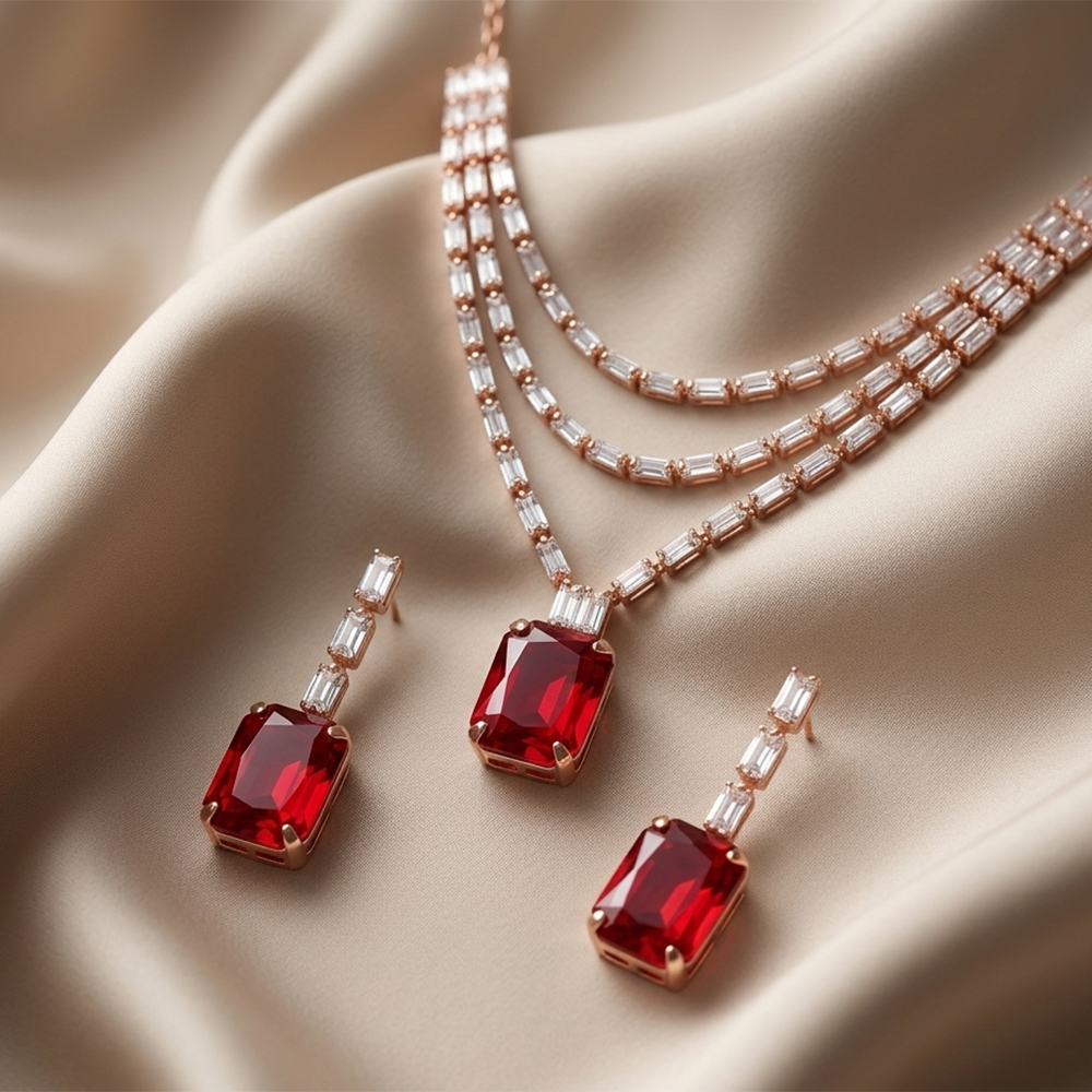 Urthn Elegant Rose Gold Plated Crystal Stone Necklace Set(Pack of 3)