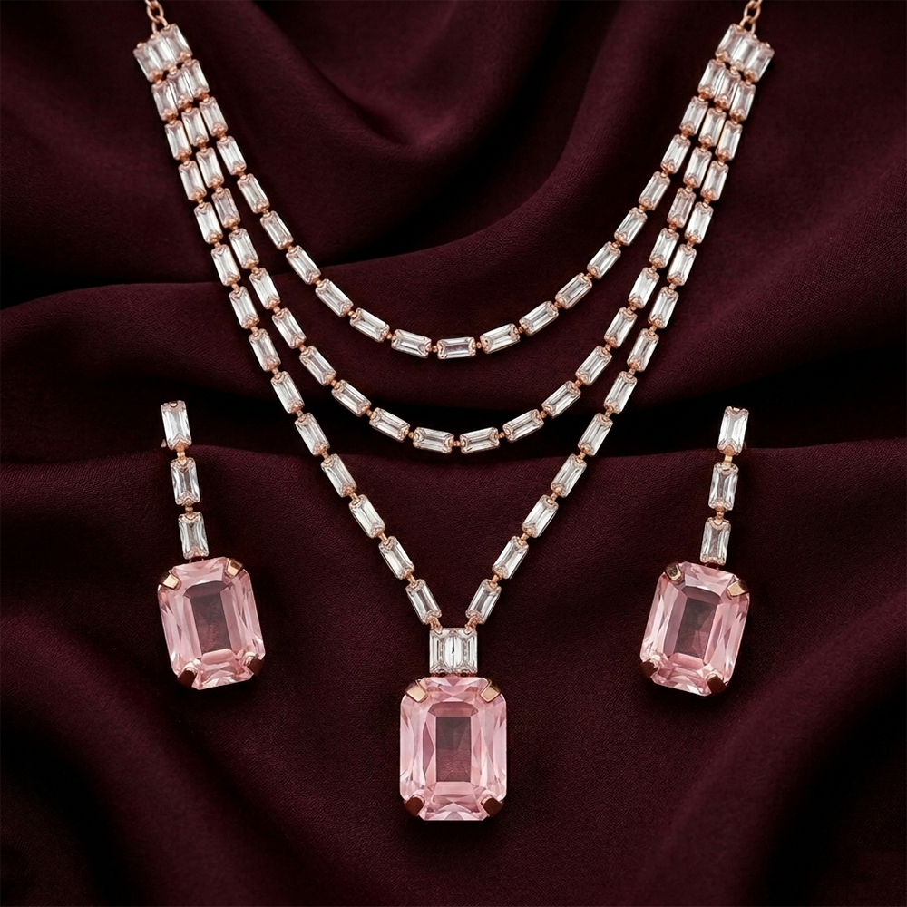 Urthn Elegant Rose Gold Plated Crystal Stone Necklace Set