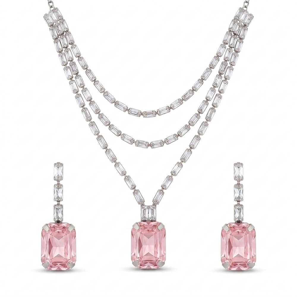 Urthn Silver Plated Sparkling Crystal Stone Necklace Set(Pack of 3)