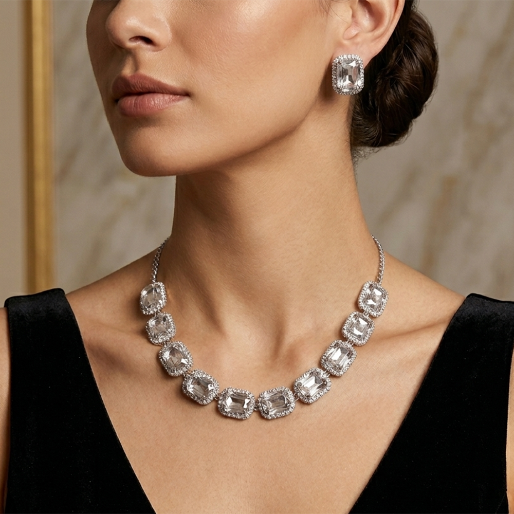 Urthn Silver Plated Sparkling Crystal Stone Necklace Set(Pack of 6)