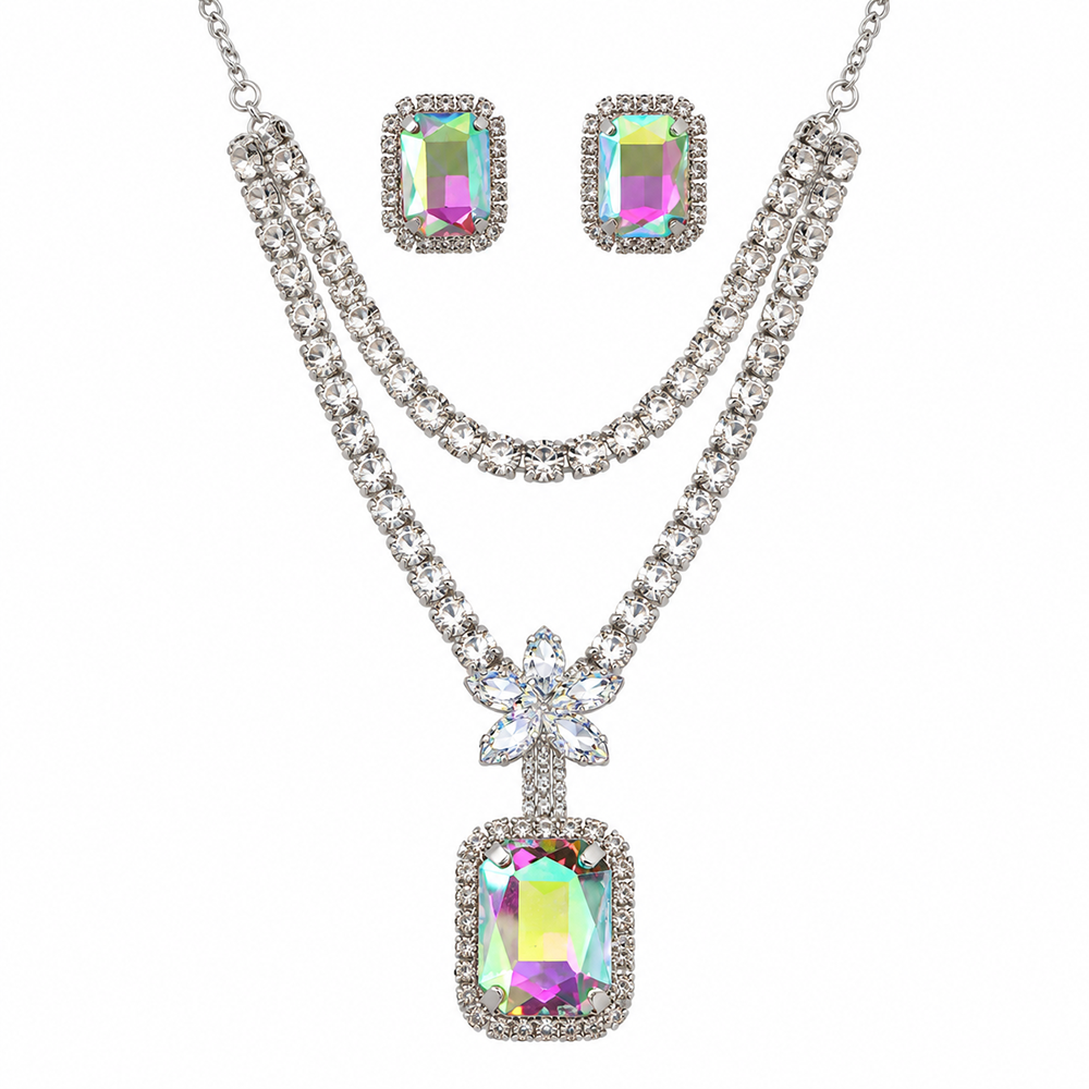 Urthn Glamorous Silver Plated Crystal Stone Necklace Set for Party & Festive Wear(Pack Of 3)