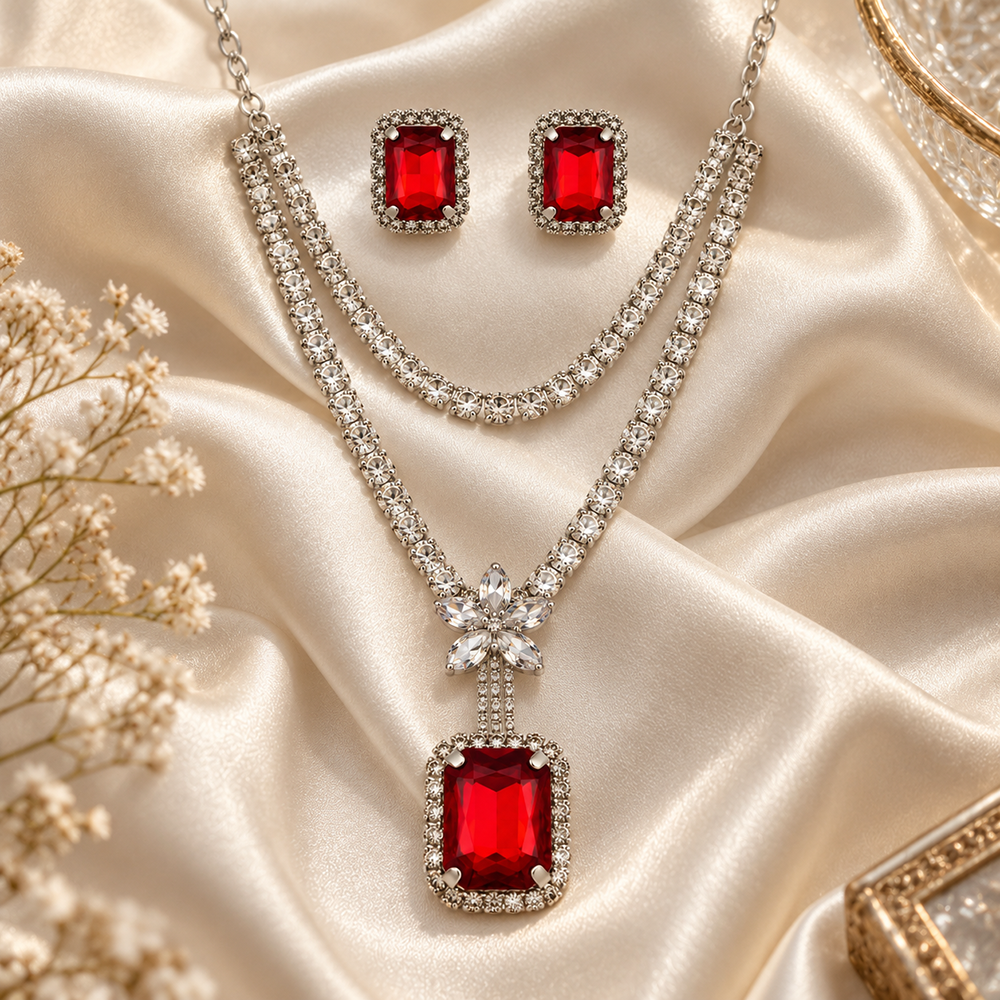 Urthn Glamorous Silver Plated Crystal Stone Necklace Set for Party & Festive Wear