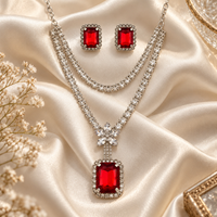 Urthn Glamorous Silver Plated Crystal Stone Necklace Set for Party & Festive Wear