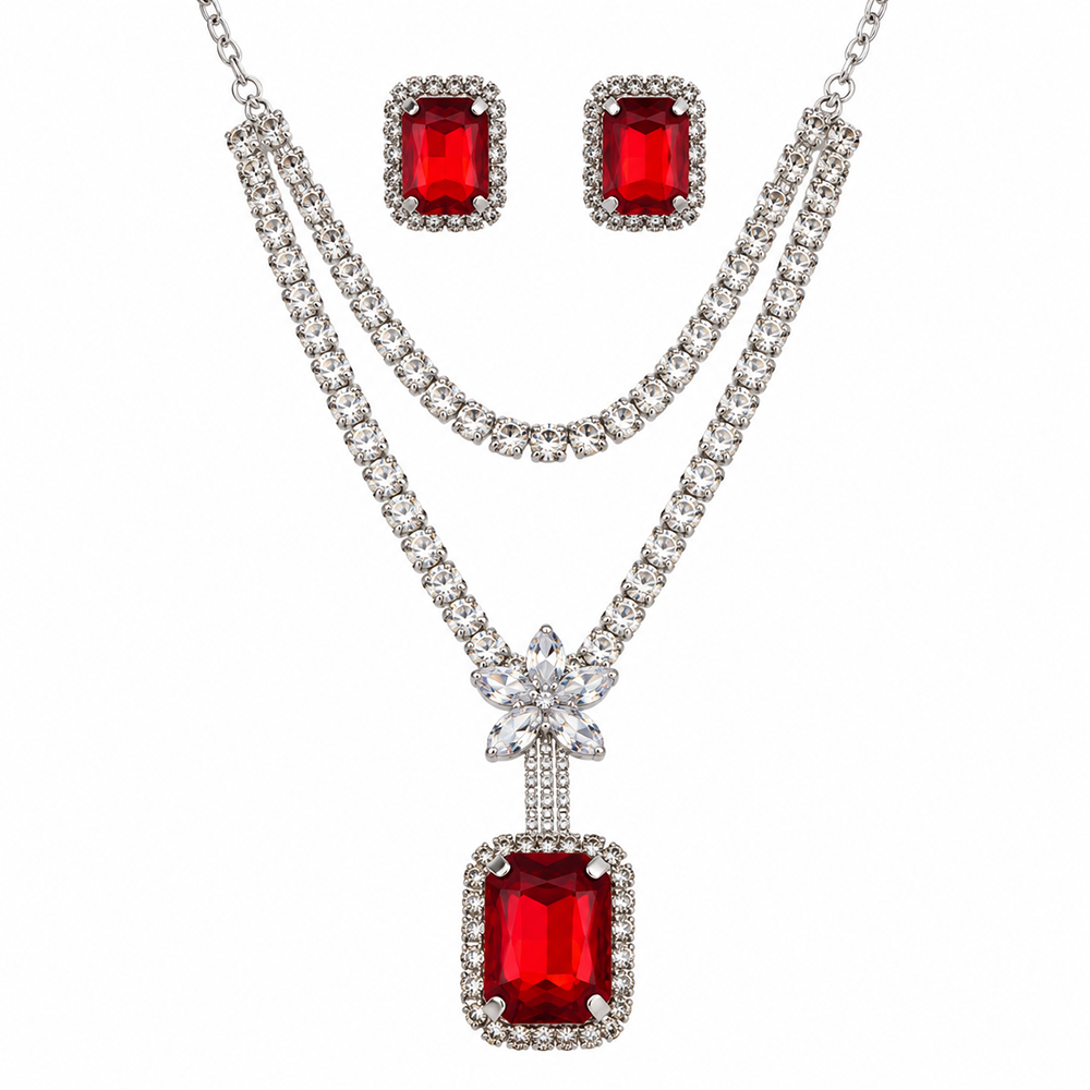 Urthn Glamorous Silver Plated Crystal Stone Necklace Set for Party & Festive Wear(Pack Of 3)