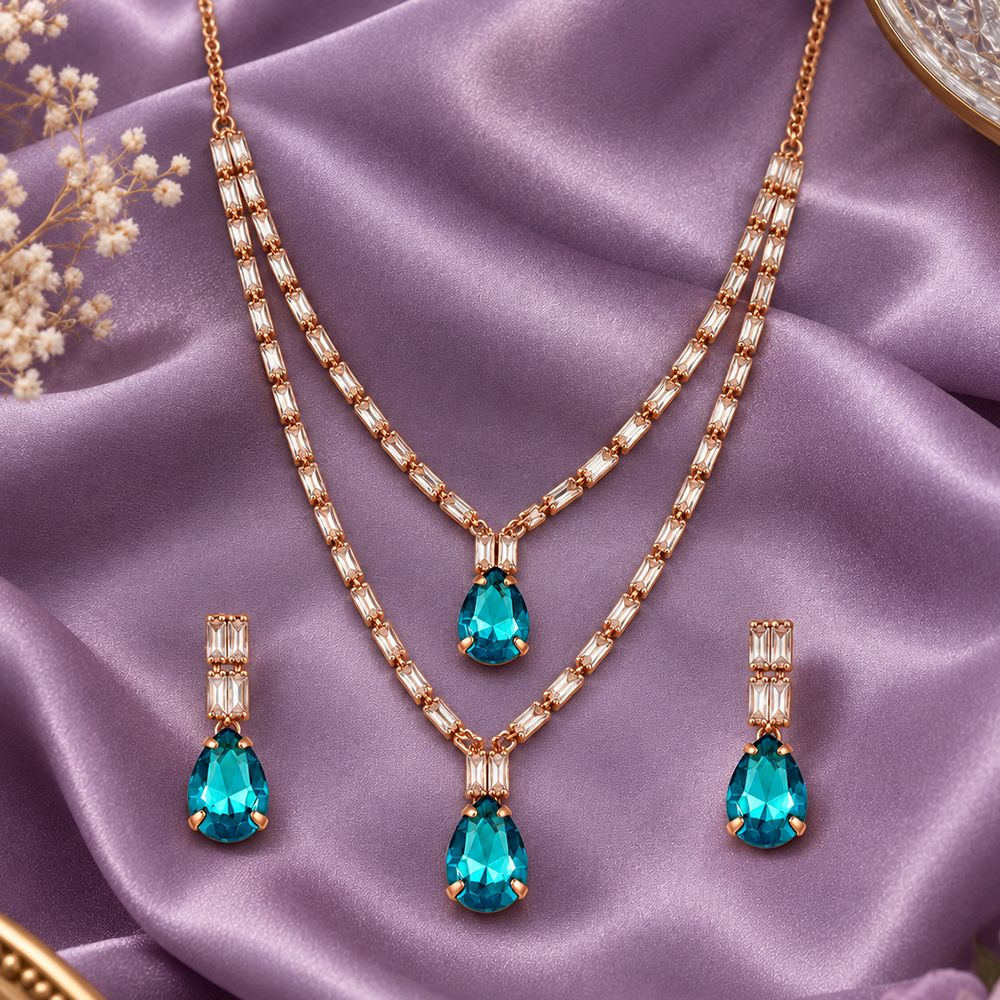 Urthn Glamorous Rose Gold Plated Crystal Stone Necklace Set for Party & Festive Wear