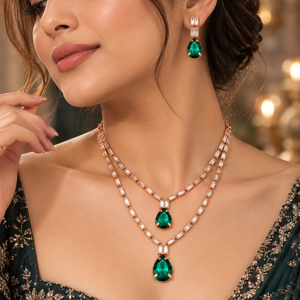 Urthn Glamorous Rose Gold Plated Crystal Stone Necklace Set for Party & Festive Wear(Pack Of 3)