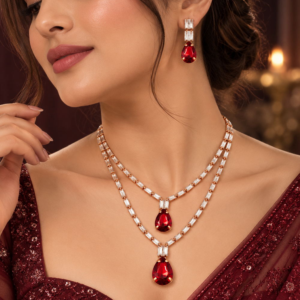 Urthn Glamorous Rose Gold Plated Crystal Stone Necklace Set for Party & Festive Wear