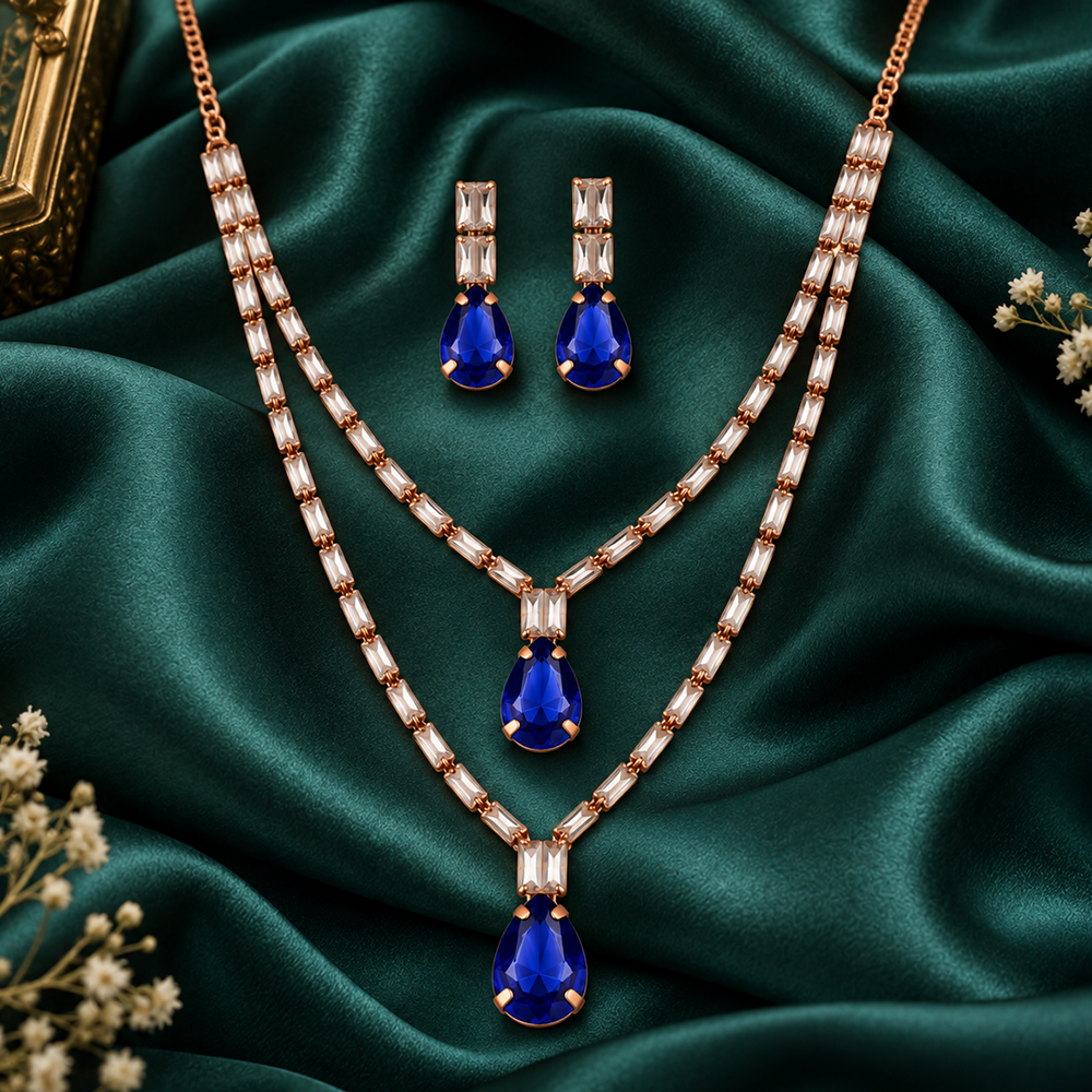 Urthn Glamorous Rose Gold Plated Crystal Stone Necklace Set for Party & Festive Wear