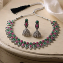 Urthn Oxidised Silver Choker Necklace Set with Pink & Green  Beads & Jhumka Earrings(Pack of 3)