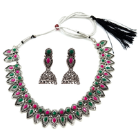 Urthn Oxidised Silver Choker Necklace Set with Pink & Green  Beads & Jhumka Earrings(Pack of 3)