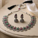 Urthn Oxidised Silver Choker Necklace Set with Pink & Green  Beads & Jhumka Earrings(Pack of 3)