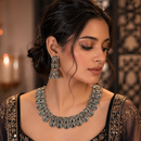 Urthn Oxidised Silver Choker Necklace Set with Black Beads & Jhumka Earrings(Pack of 3)