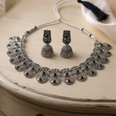 Urthn Oxidised Silver Choker Necklace Set with Black Beads & Jhumka Earrings(Pack of 3)