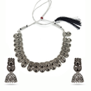 Urthn Oxidised Silver Choker Necklace Set with Black Beads & Jhumka Earrings(Pack of 3)