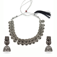 Urthn Oxidised Silver Choker Necklace Set with Black Beads & Jhumka Earrings(Pack of 3)
