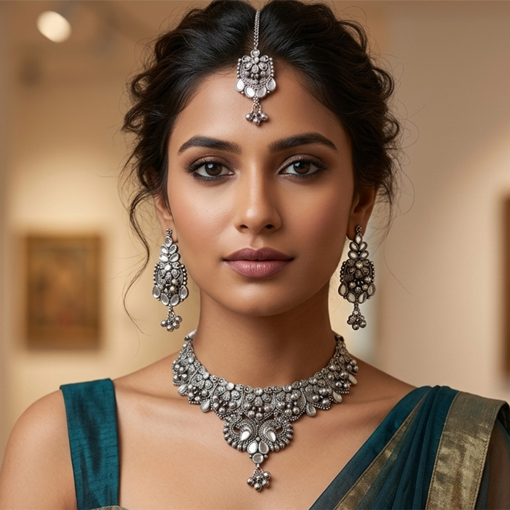 Urthn Oxidised Silver Choker Necklace Set with White Beads & Jhumka Earrings(Pack of 3)