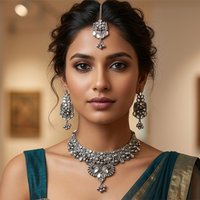 Urthn Oxidised Silver Choker Necklace Set with White Beads & Jhumka Earrings(Pack of 3)