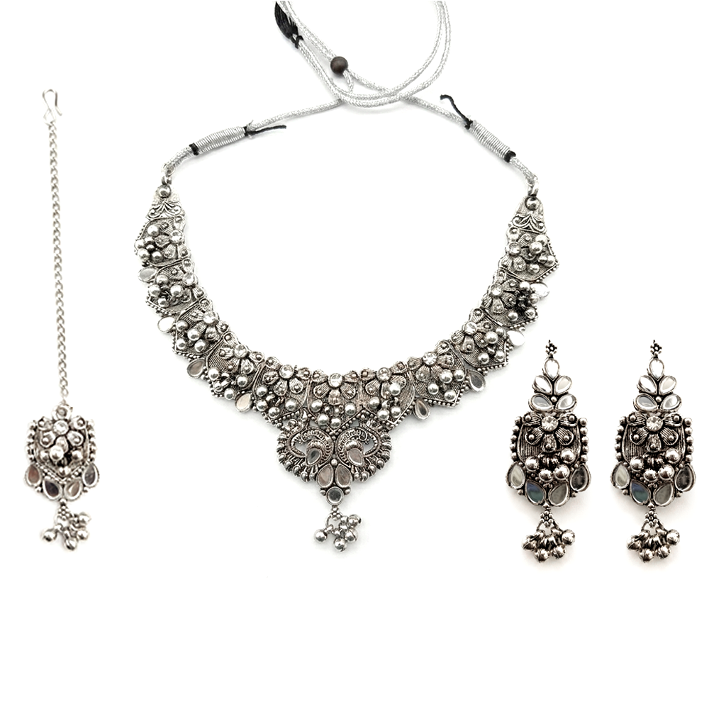 Urthn Oxidised Silver Choker Necklace Set with White Beads & Jhumka Earrings(Pack of 3)