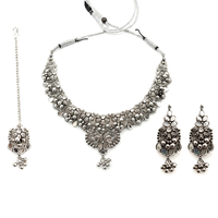 Urthn Oxidised Silver Choker Necklace Set with White Beads & Jhumka Earrings(Pack of 3)
