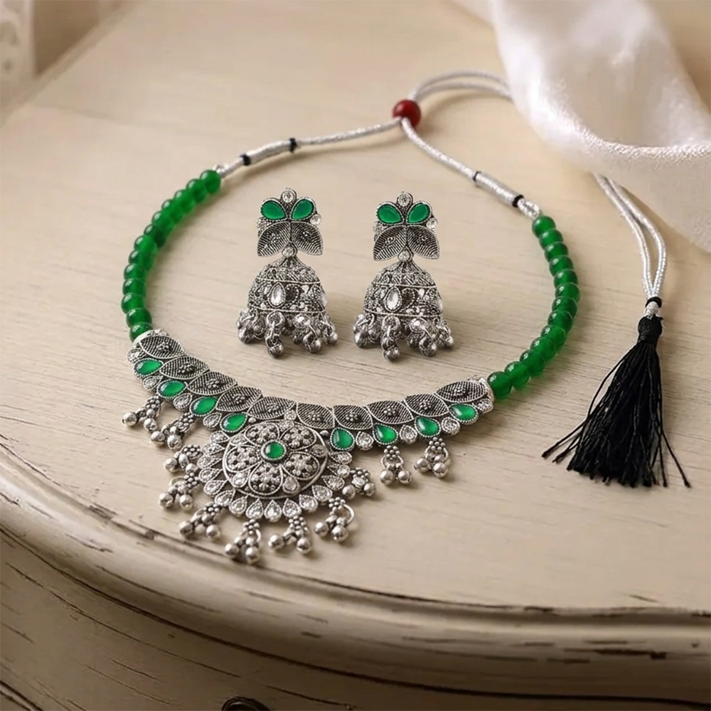 Urthn Oxidised Silver Choker Necklace Set with Green Beads & Jhumka Earrings(Pack of 3)