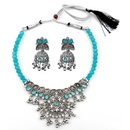 Urthn Oxidised Silver Choker Necklace Set with Light Blue Beads & Jhumka Earrings(Pack of 3)