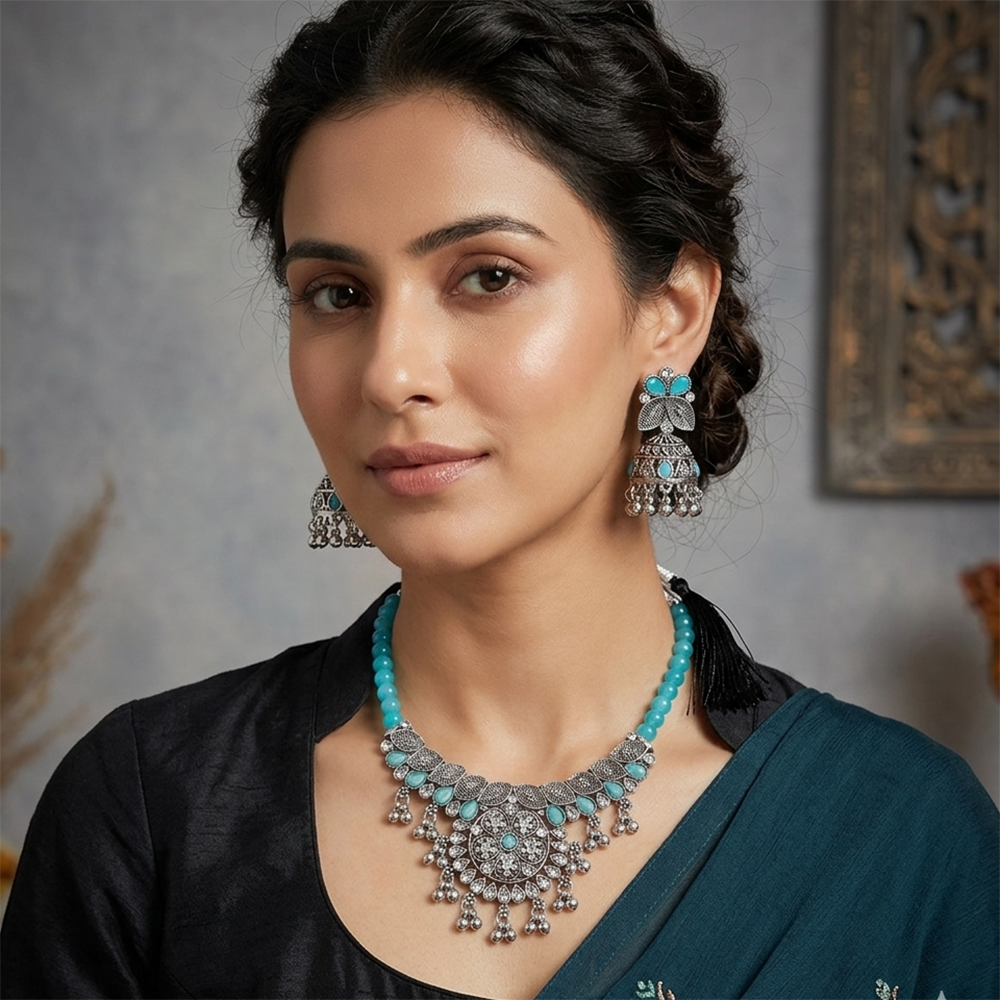 Urthn Oxidised Silver Choker Necklace Set with Light Blue Beads & Jhumka Earrings(Pack of 3)
