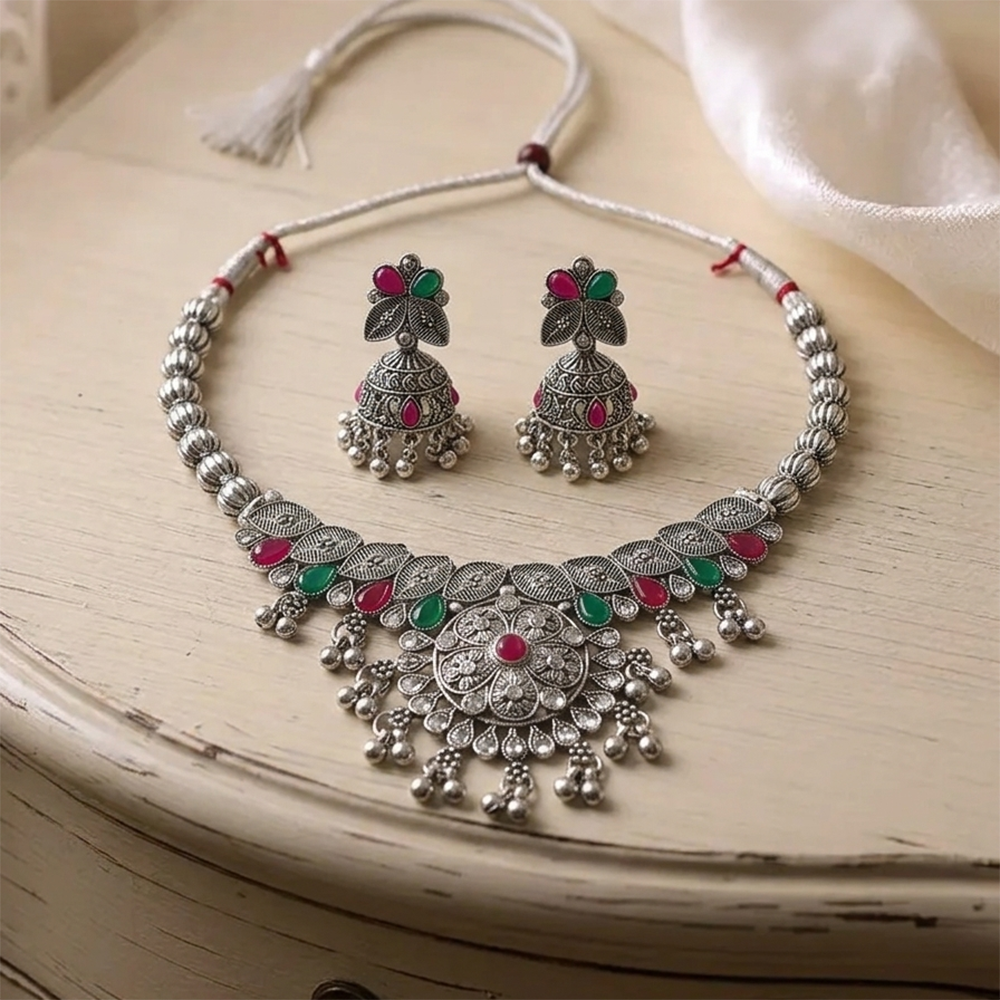 Urthn Oxidised Silver Choker Necklace Set with Pink & Green Beads & Jhumka Earrings(Pack of 3)