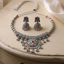 Urthn Oxidised Silver Choker Necklace Set with Pink & Green Beads & Jhumka Earrings(Pack of 3)