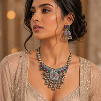 Urthn Oxidised Silver Choker Necklace Set with Pink & Green Beads & Jhumka Earrings(Pack of 3)