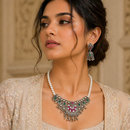 Urthn Oxidised Silver Choker Necklace Set with Pink & Green Beads & Jhumka Earrings(Pack of 3)