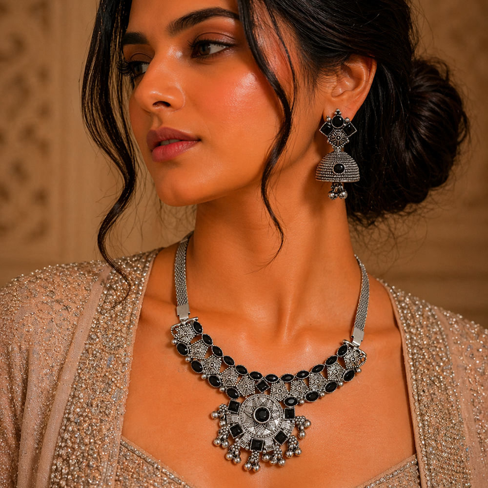 Urthn Oxidised Silver Choker Necklace Set with Black Beads & Jhumka Earrings(Pack of 3)