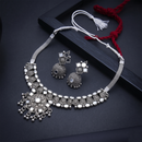 Urthn Oxidised Silver Choker Necklace Set with White Beads & Jhumka Earrings(Pack of 3)