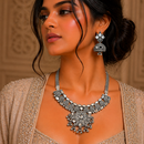 Urthn Oxidised Silver Choker Necklace Set with White Beads & Jhumka Earrings(Pack of 3)