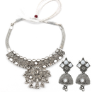 Urthn Oxidised Silver Choker Necklace Set with White Beads & Jhumka Earrings(Pack of 3)