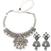 Urthn Oxidised Silver Choker Necklace Set with White Beads & Jhumka Earrings(Pack of 3)