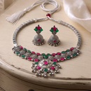 Urthn Oxidised Silver Choker Necklace Set with Pink & Green Beads & Jhumka Earrings(Pack of 3)
