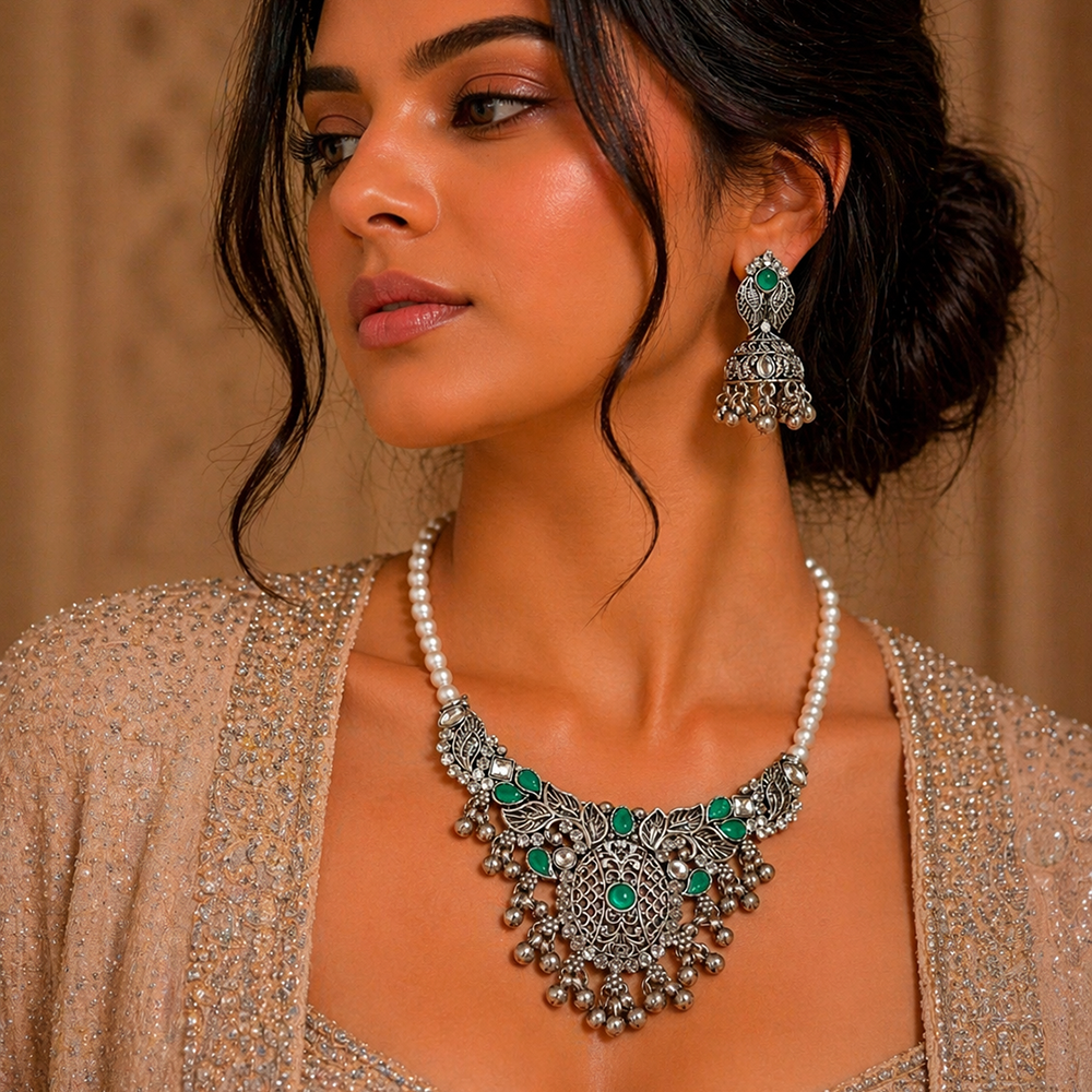 Urthn Oxidised Silver Choker Necklace Set with Green Beads & Jhumka Earrings(Pack of 3)