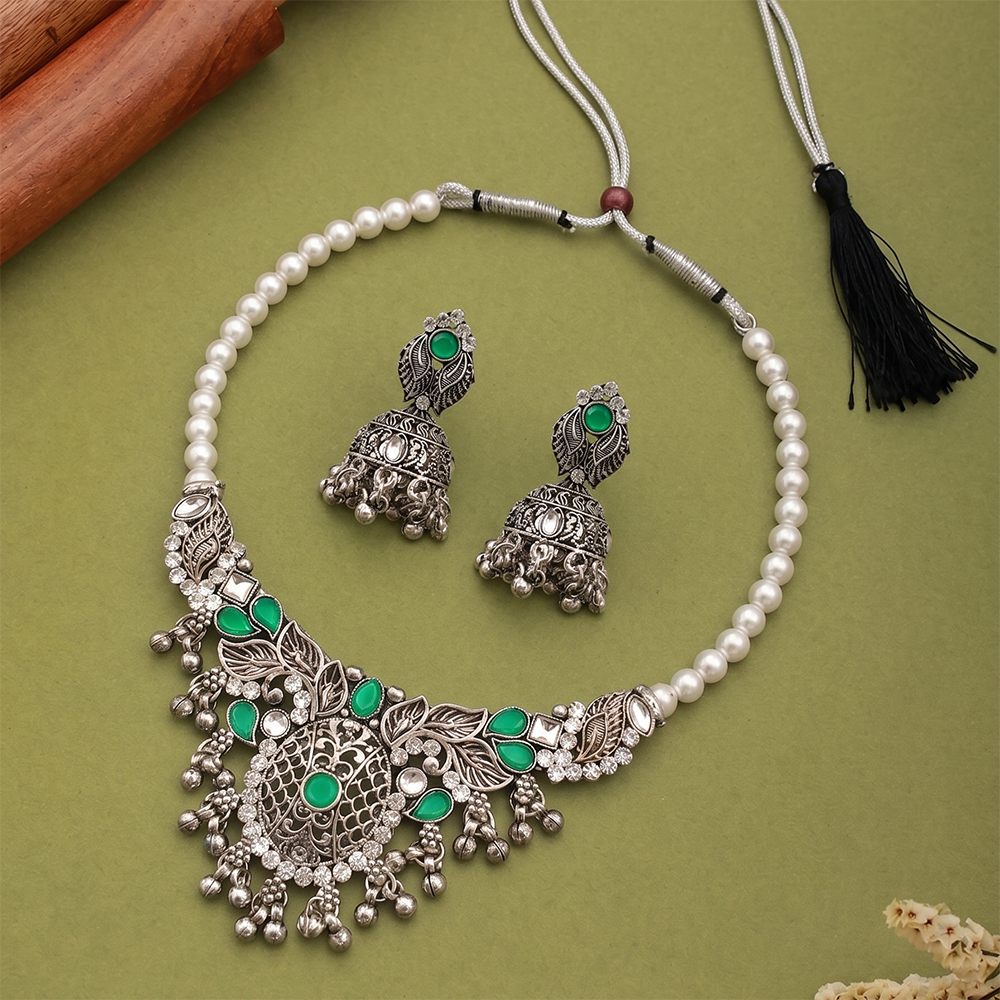 Urthn Oxidised Silver Choker Necklace Set with Green Beads & Jhumka Earrings(Pack of 3)