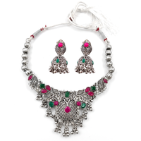 Urthn Oxidised Silver Choker Necklace Set with Pink & Green Beads & Jhumka Earrings(Pack of 3)