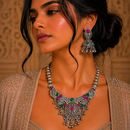 Urthn Oxidised Silver Choker Necklace Set with Pink & Green Beads & Jhumka Earrings(Pack of 3)