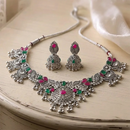 Urthn Oxidised Silver Choker Necklace Set with Pink & Green Beads & Jhumka Earrings(Pack of 3)