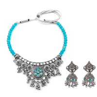 Urthn Oxidised Silver Choker Necklace Set with Light Blue Beads & Jhumka Earrings(Pack of 3)