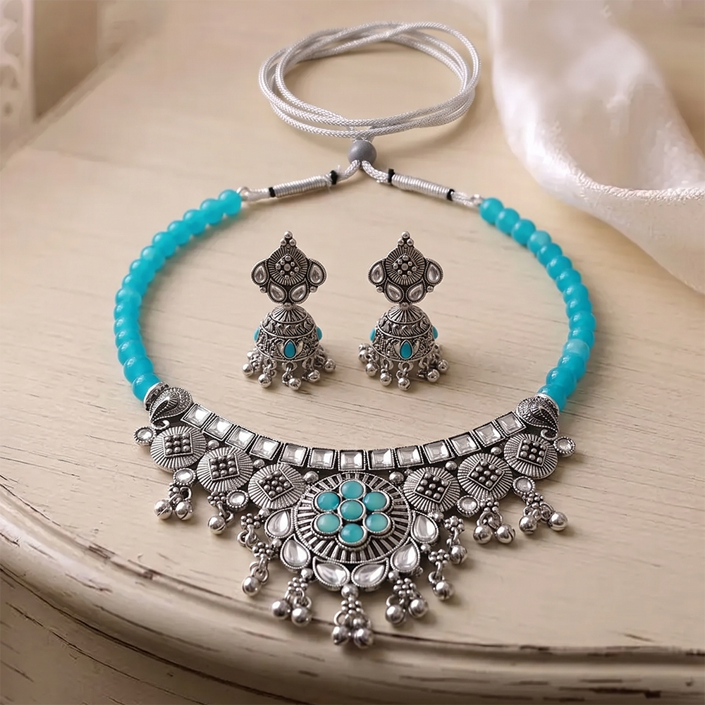 Urthn Oxidised Silver Choker Necklace Set with Light Blue Beads & Jhumka Earrings(Pack of 3)