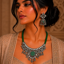Urthn Oxidised Silver Choker Necklace Set with Green Beads & Jhumka Earrings(Pack of 3)