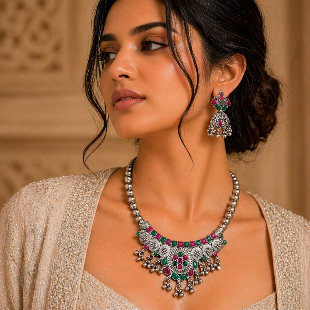 Urthn Oxidised Silver Choker Necklace Set with Pink & Green Beads & Assorted Jhumka Earrings(Pack of 3)