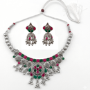 Urthn Oxidised Silver Choker Necklace Set with Pink & Green Beads & Assorted Jhumka Earrings(Pack of 3)